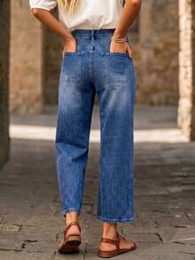 New Women's Loose Elastic Waist Denim Capri Pants Casual Spring Fall - Light Wash - View 3
