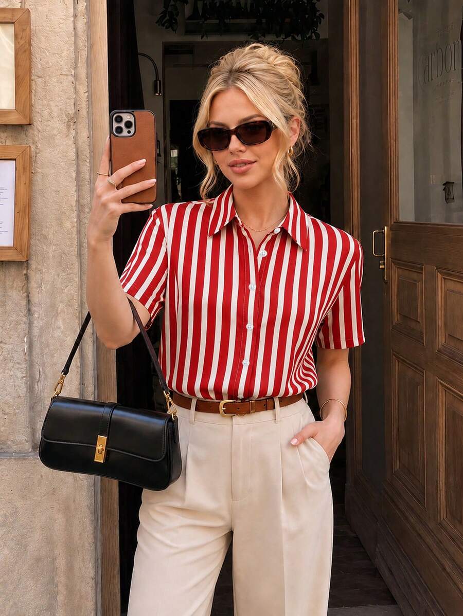 Striped Colorblock Pocket Button Short Sleeve Casual Shirt Red Summer