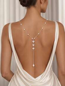 1pc Exquisite Beaded Faux Pearl Y-Shaped Back Necklace, Vertical Leaf Rhinestone Pendant Body Jewelry, Evening Party Dress Accessory - Rhinestone - View 1