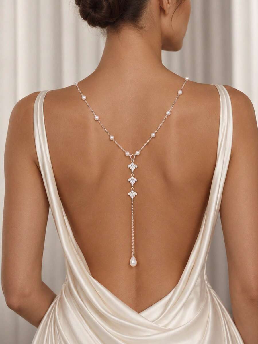 1pc Exquisite Beaded Faux Pearl Y-Shaped Back Necklace, Vertical Leaf Rhinestone Pendant Body Jewelry, Evening Party Dress Accessory - Rhinestone - View 1