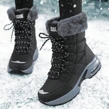 SOSENFER 女款厚實保暖高筒冬季雪地靴，中筒保暖內裡防滑時尚百搭雪靴，戶外登山靴 - 黑色 - 查看 5