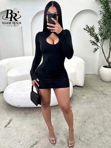 BADDIE REALM Women's Mini Bodycon Dress Keyhole Neckline Sexy Style For Daily Wear, Date Night And Clubbing - Black - View 3