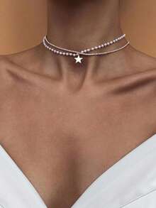 STONEFANS 1pc Silver Sweet Double Layer Star Pendant Necklace, Faux Pearl Sparkling Rhinestone Double Layer Necklace For Women - Silver - View 2
