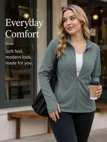 Plus Size Women's Lightweight Stand Collar Jacket, Breathable Cool Skin Layer, With Zipper Pockets, Suitable For Outdoor Sports, Beach, Casual - Dark Green - View 1