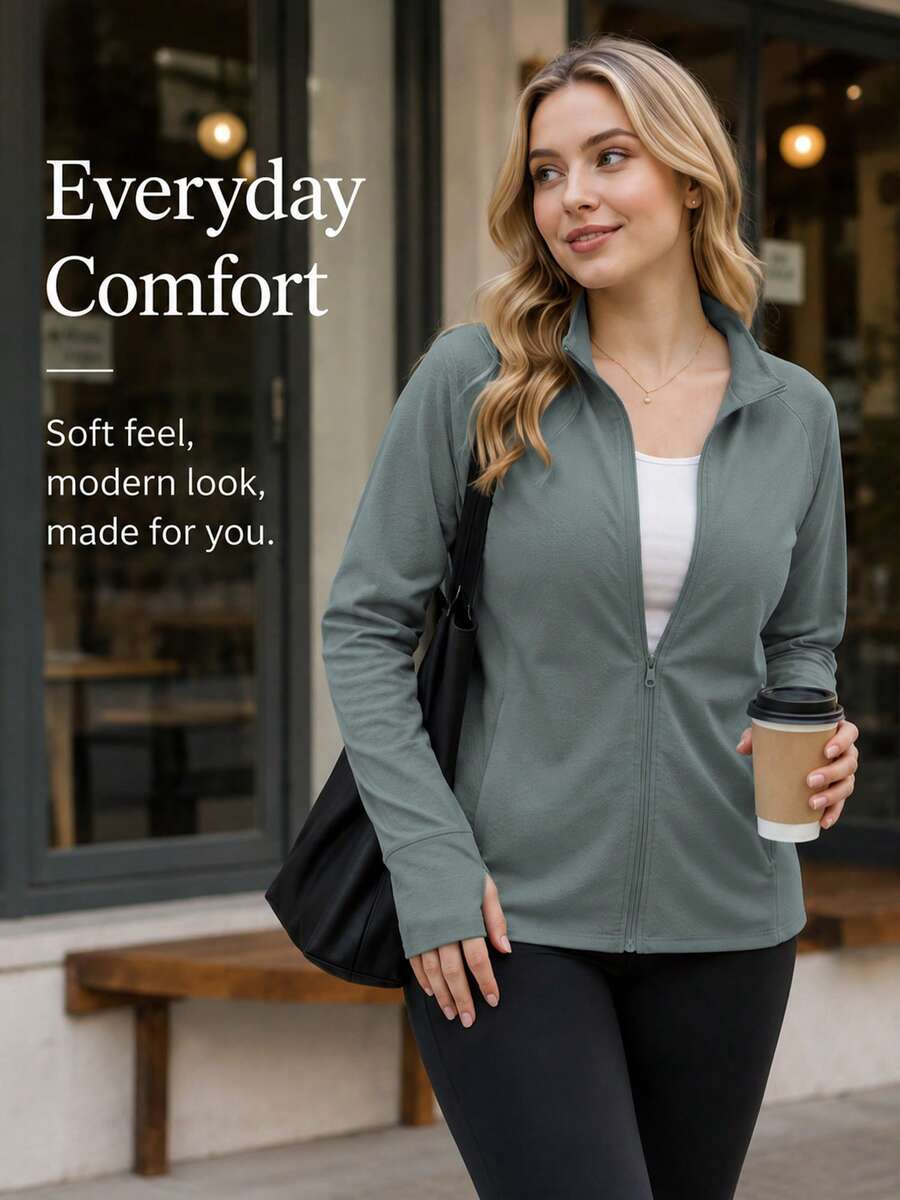 Plus Size Women's Lightweight Stand Collar Jacket, Breathable Cool Skin Layer, With Zipper Pockets, Suitable For Outdoor Sports, Beach, Casual - Dark Green - View 1