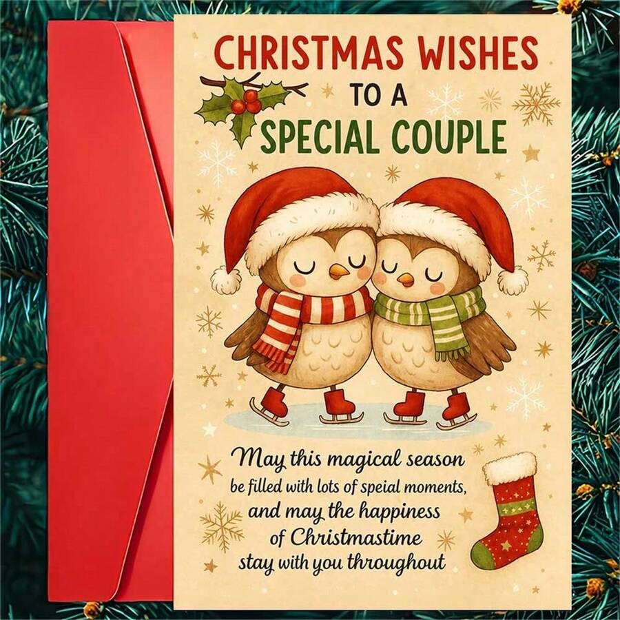 1 Greeting Card + 1 Envelope, Cute Christmas Card With Two Owls Skating Together "Christmas Wishes For Special Partner", Suitable For Couples, Winter Holiday Art - Multicolor - View 1