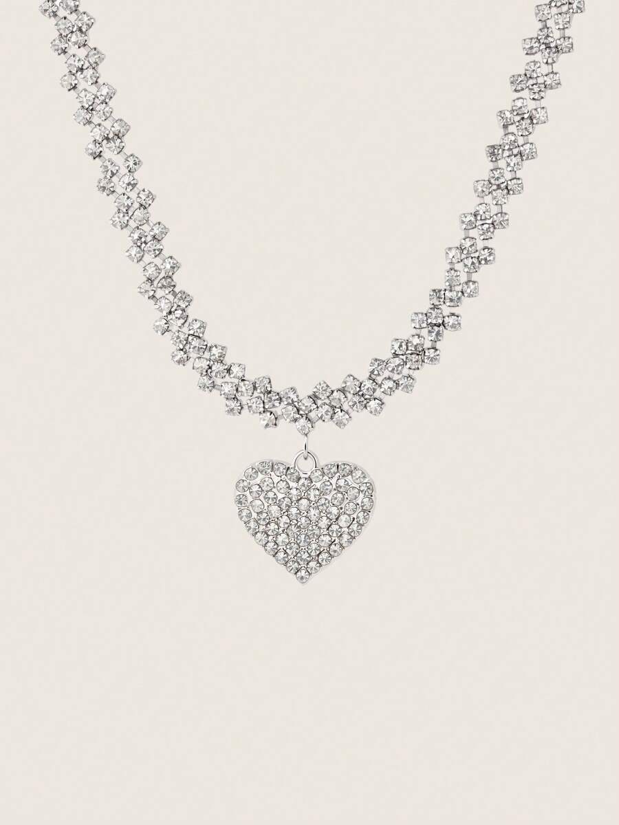 Valisandre 1pc Dazzling Rhinestone Claw Chain & Heart Shaped Pendant Necklace For Ladies As Date Gift Valentines - Silver - View 1