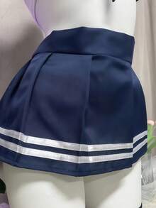 3pcs Blue Striped College Theme Party Costume Set, Blue Striped Shawl, Crop Top, Pleated Mini Skirt, Suitable For Halloween Carnival Theme Party - Blue and White - View 4
