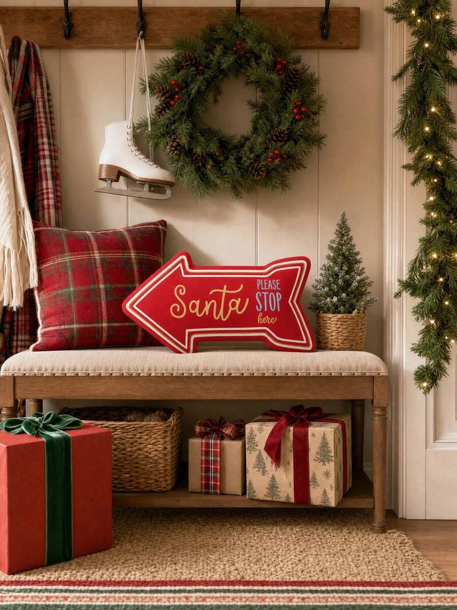 Santa Claus Please Stop Here Letter Print Decorative Throw Pillow, Red Arrow Sign Cushion, Suitable For Sofa Bench, Vintage Christmas Holiday Home Decor Accent - Multicolor - View 1