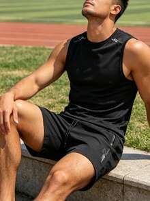 Men's Basic Solid Color Sleeveless Tank Top & Drawstring Bermuda Shorts Set, Sports Black - Black - View 1