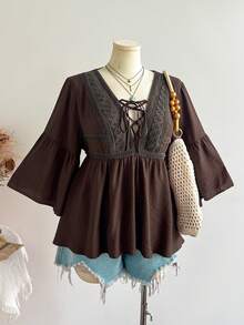 Rusttydustty Women's Plus Size Brown V-Neck Tie Lace Patchwork Bohemian Vacation Style Top, Suitable For Autumn/Winter, Halloween Outfit - Brown - View 8