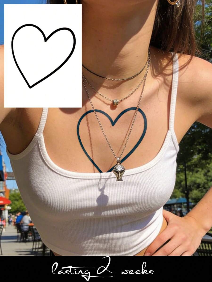 Herbal Juice Semi-Permanent Tattoo Sticker, Personalized Minimalist Heart Pattern, 14-Day Fade-Resistant, Music Festival Party Gift, Arm Shoulder Neck Collarbone Body Temporary Tattoo Sticker, 1pc/Pack - Blue - View 1