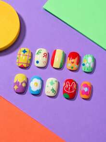 24pcs Y2K Style (Stars, Fried Eggs, Little Rabbits, Flowers, Melting Candy) Dopamine Element Design, Children Girls Press-On Short Fake Nails, Pre-Glued Full Coverage Acrylic Nail Tips Set, Suitable For Kids Girls Nail Decoration - Multicolor - View 4