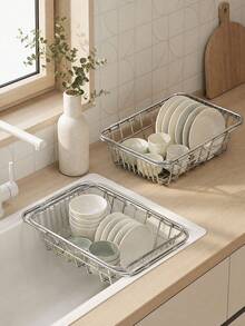 1pc Expandable Rustproof Stainless Steel Over Sink Dish Drainer Basket, Adjustable Telescopic Kitchen Sink Storage Rack, Dish Drying Holder For Plates, Bowls, Chopsticks & Tableware, Space Saving Kitchen Counter Organizer Home Gadget - Multicolor - View 5