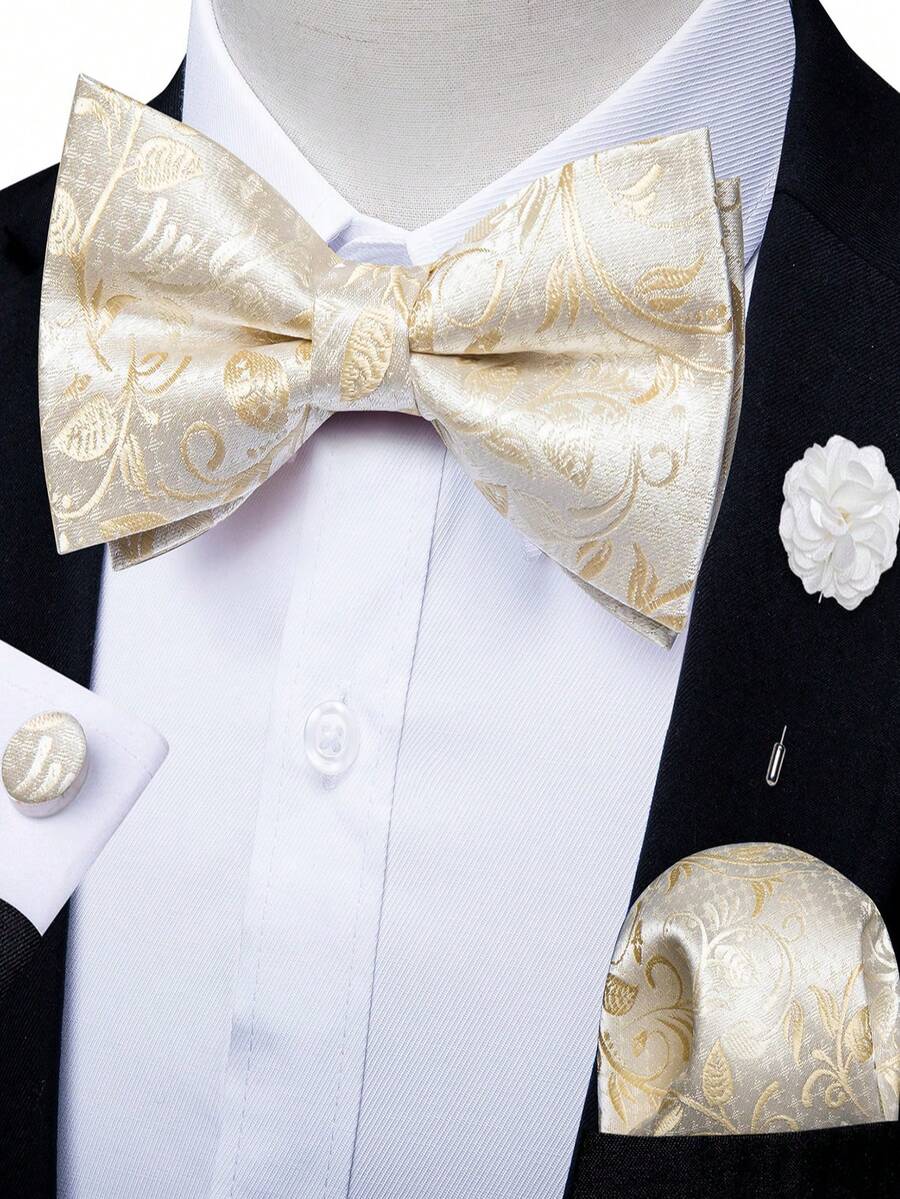 4Pcs Men Apricot Tropical Plant Jacquard Bow Tie Pocket Square Cufflinks Boutonniere Set For Wedding Business Party - Apricot - View 1