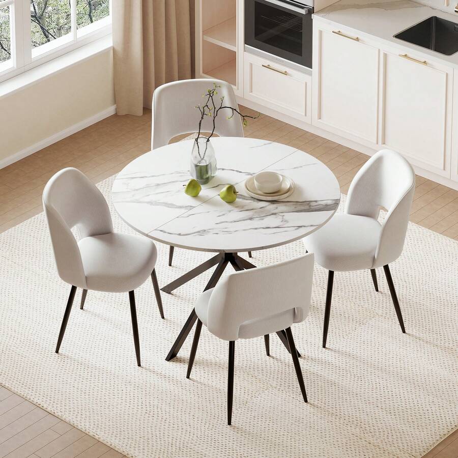 Folding Dining Table And Chairs Set Of 4, Easy Clean Round Dining Table With Padded Chairs Durable Dining Furniture Set Suitable For Dining Room And Kitchen - White Table + White Chair - View 1