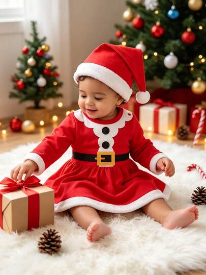 Set Gaun Lengan Panjang dan Topi Motif Kartun Santa Claus Lucu untuk Bayi Perempuan, 2 Potong, Musim Semi/Musim Gugur