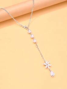 1pc Exquisite Floral Rhinestone Pendant Back Necklace, Vertical Pearl Beaded Water Drop Long Tassel Bridal Backless Wedding Dress Floral Pearl Back Chain - Rhinestone - View 11