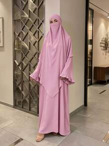 1 set Abaya Muslimah Sederhana, Gaun Maxi Lengan Mengembang Berkerut dengan Khimar Niqab yang Serasi, Pakaian Sholat Islami Longgar Bertekstur Kerut untuk Wanita - MultiWarna - View 17