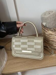女款新款百搭小方包 小眾通勤單肩斜挎包 時尚購物 PU 皮革手提包 - 金色 - 查看 2