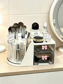 2pcs/1pc Cute Bow Makeup Organizer With Rotating Brush Holder, Large Capacity Cosmetic Storage Drawer, Desktop Vanity Display Case For Lipstick Brushes Jewelry, Bedroom Bathroom Dresser Countertop Storage Container - View 2