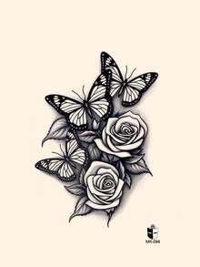 1pc Aesthetic Personalized Butterfly Rose Pattern Party Gift Holiday Gift DIY Music Festival Temporary Tattoo Sticker For Shoulder Neck Collarbone Back Hip Waterproof Body Skin - Black - View 3