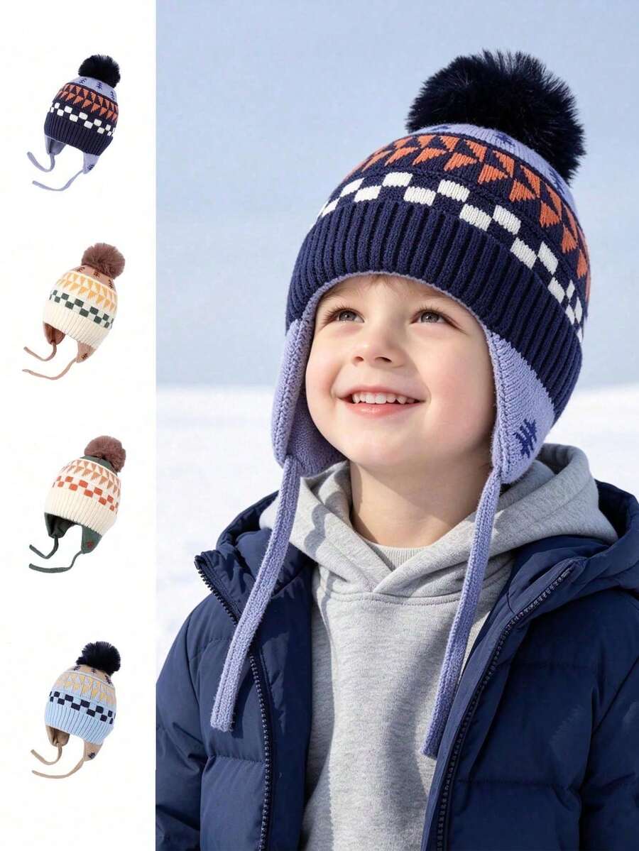 Mũ len trẻ em mùa đông bảo vệ tai, mũ beanie len họa tiết cây jacquard vintage unisex, mũ kéo đầu dày có quả bông pom pom - Nhiều màu - Xem 1