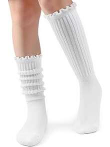 1雙女款中筒/膝高鬆垮襪，純色保暖舒適襪 - 彩色 - 查看 11