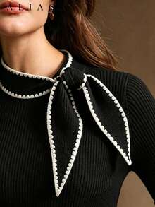 Seashell Embroidered Tie Neck Long Sleeve Top Women, Colorblock Trim Elegant Commute Blouse, Fall Winter Fashion - Black - View 1