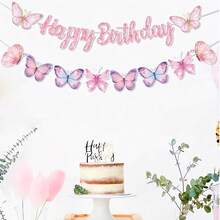 粉色蝴蝶生日快乐悬挂旗帜套装，一周岁生日背景装饰拉旗，蝴蝶主题生日派对装饰纸旗，派对用品礼品横幅 - 彩色 - 查看 9