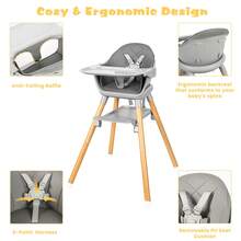 Piorlado 6-In-1 High Chair Bar Stool, Multifunctional Children's High Chair, Wooden Legs With 5-Point Harness, Removable Tray For Children - Grey - View 3