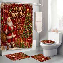 1pc/4pcs Red Background Santa Claus Gift Pattern Multi-Functional Bathroom Decor Shower Curtain Set, Free 12 Hooks, Premium Holiday Atmosphere, Bathroom Mat U-Shaped Floor Mat And Round Toilet Lid Cover, Suitable For All Occasions Decoration, Bathroom Set - Santa Claus Gift Red Background - View 9