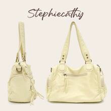 STEPHIECATHY 純色軟洗 PU 皮革拉鍊開合多功能口袋單肩斜跨包 女款中性復古休閒大學生日常旅行包 - Butter Yellow - 查看 5