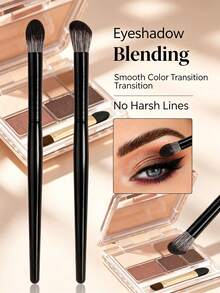 Black 2pcs Eyeshadow Blending Brush Set, Portable Eye Makeup Application And Modification Daily Beauty Tool Kit - Black - View 2