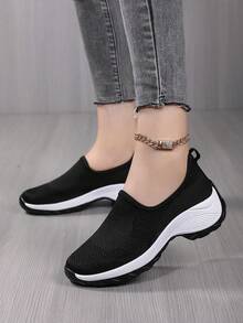 Women's Platform Thick Sole Athletic Shoes, Fashionable Comfortable Slip-On Running Shoes, Solid Color Easy On-Off Slouchy Shoes - Black and White - View 3