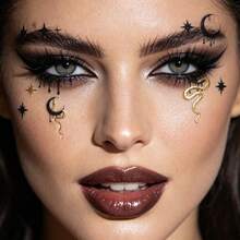 1pc Gold & Black Mysterious Snake Moon Star Face Sticker, Witch Style Occult Celestial Demon Eye Face Decal, Gothic Mysterious Makeup Sticker, Suitable For Halloween, Witch Cosplay, EDM Festival, Theme Party Costume Accessory - Multicolor - View 4