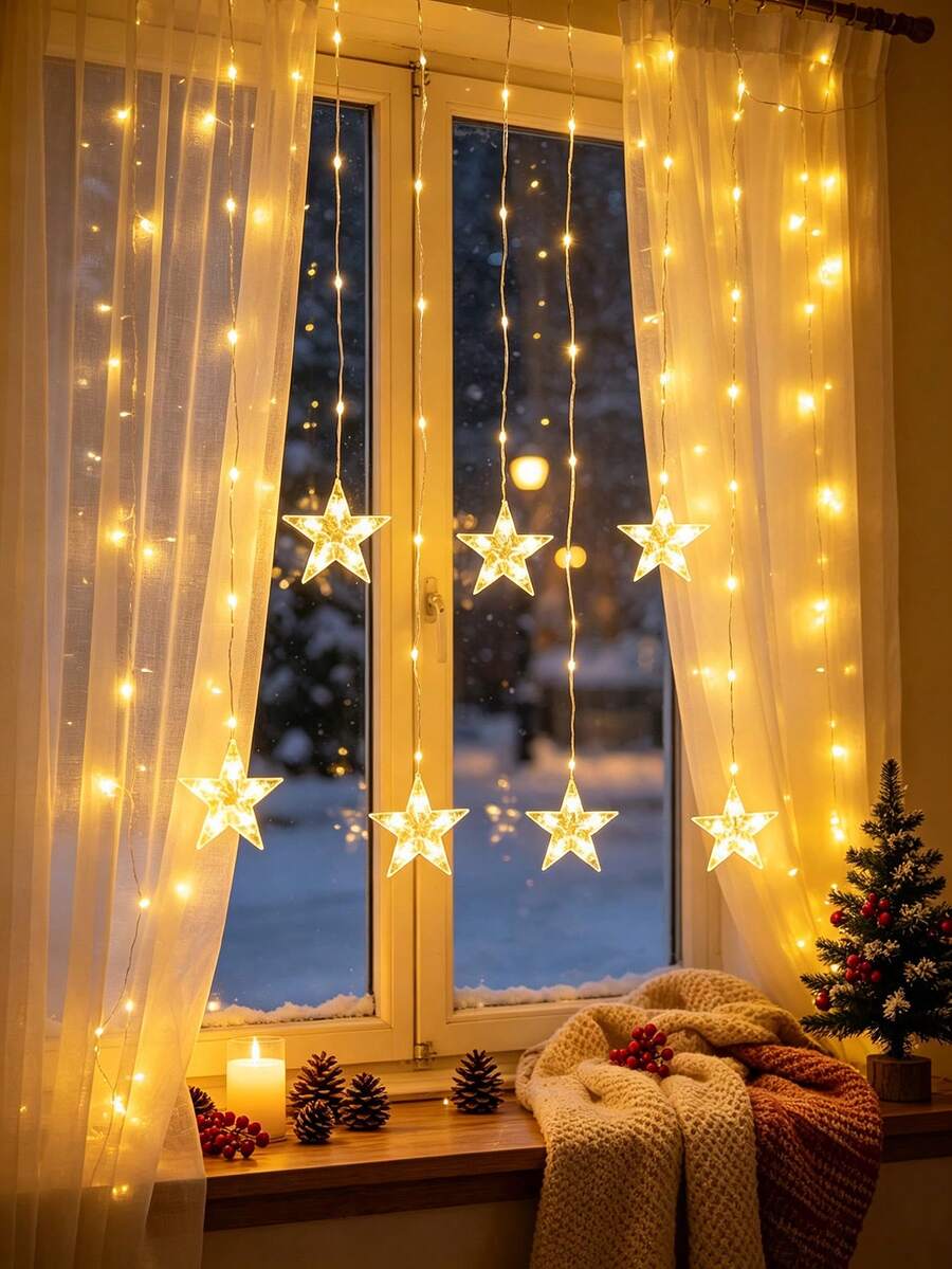 1pc 2M 82LED Curtain Decor Star String Lights,Battery Power Star Fairy String Lights,Christmas Hanging Window Decor Lights, Indoor Room Bedroom Wall Decor String Lights, Wedding Party Holiday Decorative String Lights,Christmas Decor Star Lights - Clear - View 1