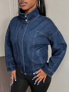 Vintage Dark Blue Denim Jacket For Women, Contrast Stitching Zipper & Button Front, Loose Fit Short Casual Jacket - Denim Original Color - View 10