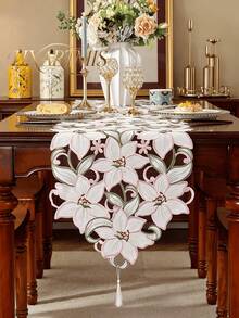 HXARTMIS 1pc Elegant Handmade Hollow Lily Embroidery Table Runner & Placemat Set, Vintage Floral Hollow Tassel Table Runner, Romantic Dining Table Decor, Suitable For Restaurant, Home Decor, Theme Holiday Decoration - Pink - View 2