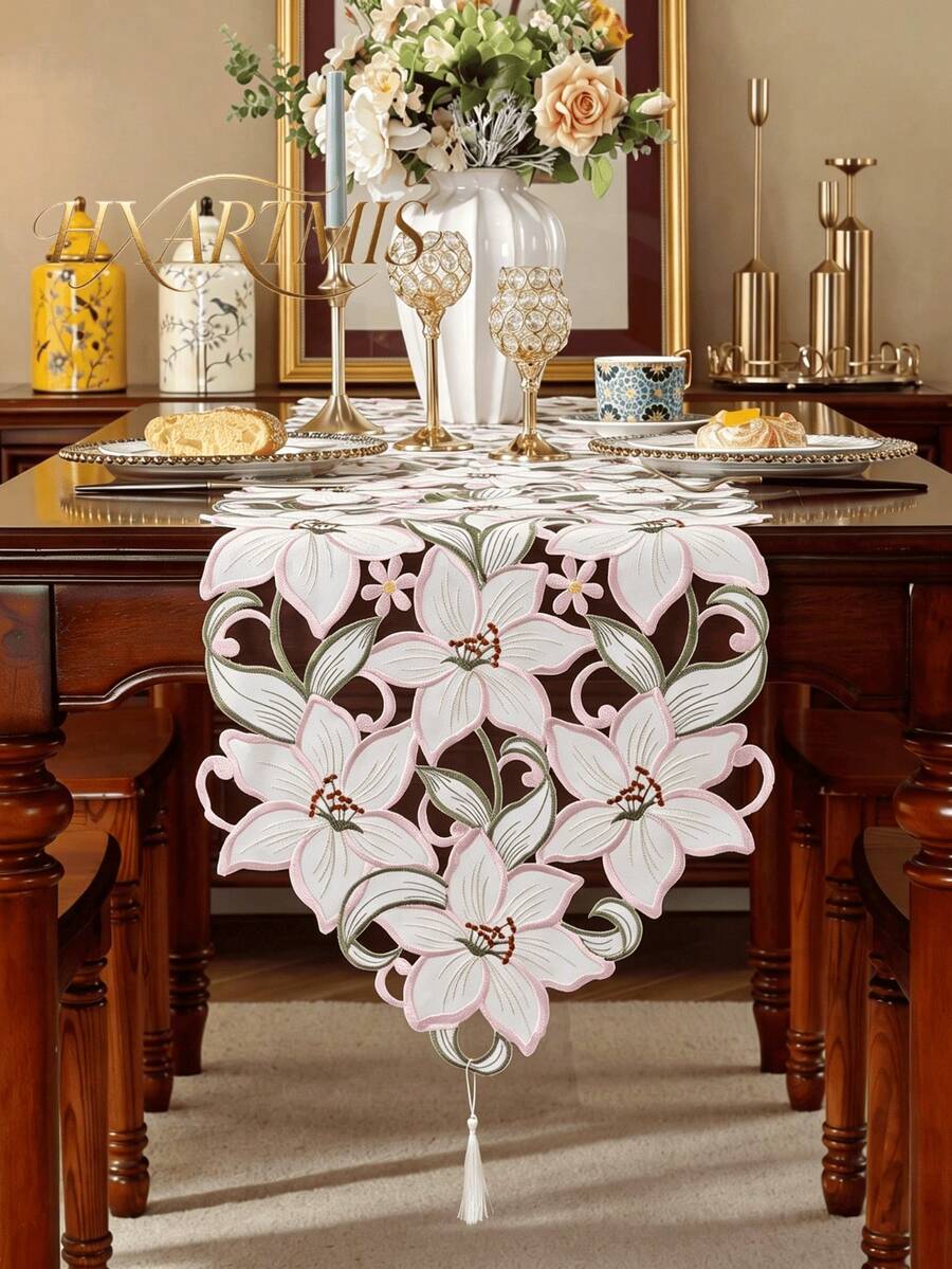 HXARTMIS 1pc Elegant Handmade Hollow Lily Embroidery Table Runner & Placemat Set, Vintage Floral Hollow Tassel Table Runner, Romantic Dining Table Decor, Suitable For Restaurant, Home Decor, Theme Holiday Decoration