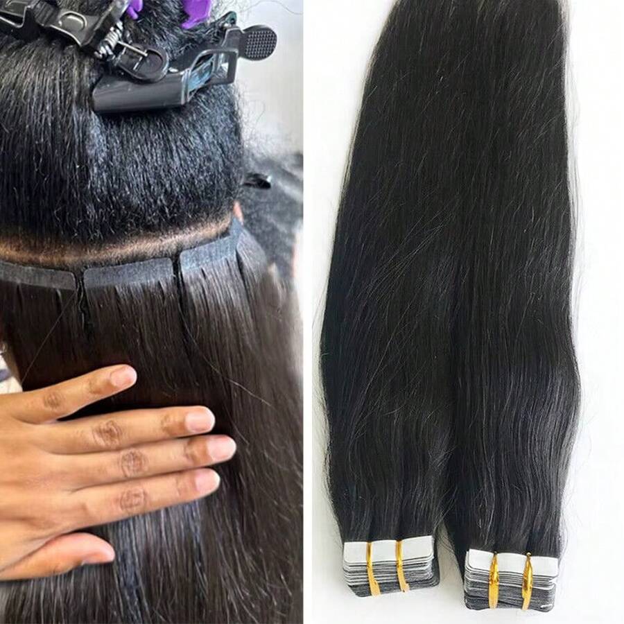 Extensiones de cabello con cinta adhesiva, 1 unidad, 20 unidades, de 18 a 24 pulgadas, cabello natural y liso, cabello humano auténtico para mujeres, sin costuras, con doble cara, para aplicación con cinta adhesiva.