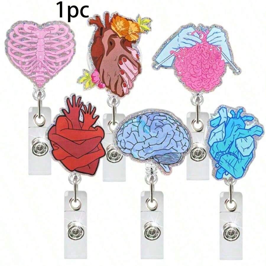1pc Heart, Brain, Ribs Retractable Rotating Badge Reel, Medical/Nursing Gift, ID Badge Holder,School Supplies,Back To School - Multicolor - View 1