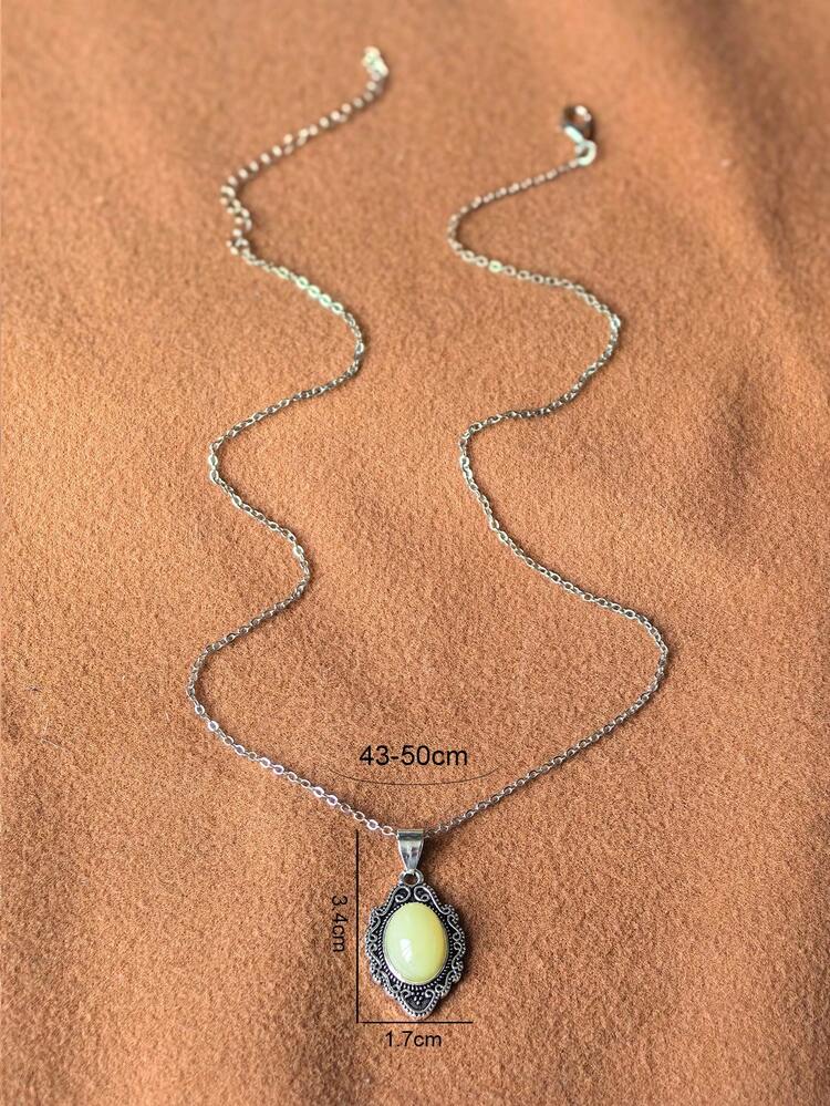 1pc Alloy Antique Silver Plated Quartz Crystal Necklace With Multicolor Resin Pendant - Yellow - View 3