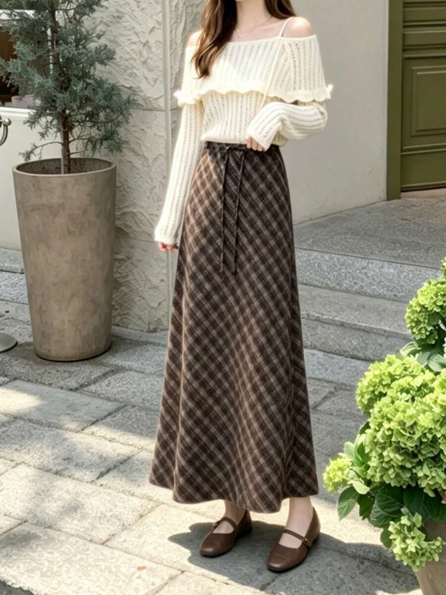 Women's Fashion Long A-Line Plaid Skirt, Drawstring Waist Design, Woven Fabric, Elegant Autumn Style