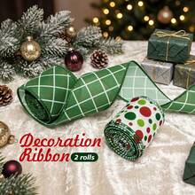 2 Rolls Christmas Wired Ribbon Set - 5cm Width, Red & Green Polka Dot And Green Argyle Print Satin Ribbon, Suitable For Christmas Tree Decoration, Wreath Bow Making, DIY Handmade Gift Wrapping Ribbon - Green + Polka Dot - View 6