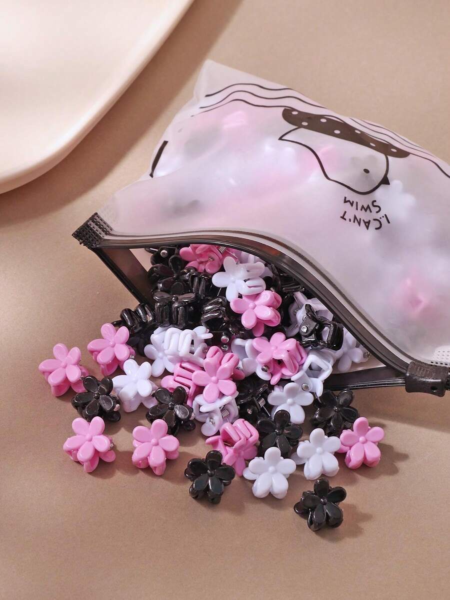 10/30/50/100入 1cm 黑白粉小花髮夾 女孩用,可愛甜美百搭裝飾髮飾,適用於固定鬆散頭髮與編髮(隨機配色) - 彩色 - 查看 1