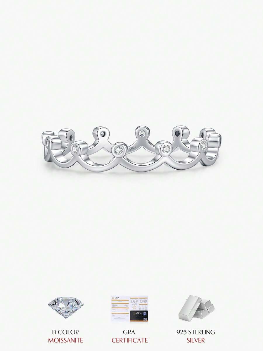 MODIAN D Color Moissanite Crown Stackable Ring 925 Sterling Silver Minimal Wave Tiara Thin Delicate Rings For Women Jewelry - Silver - View 1