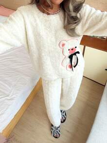 2pcs/Set Women's Cute Plush Long Sleeve Top + Straight Leg Pants Comfortable Casual Pajama Set - White - View 4