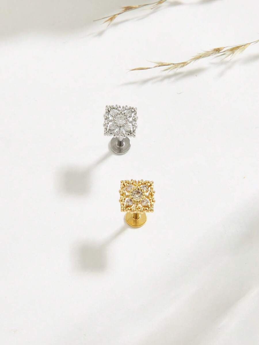 1pc Fashionable Retro Square Diamond Stainless Steel Stud Earrings Suitable For Women Daily Wear - Square Drill - View 1