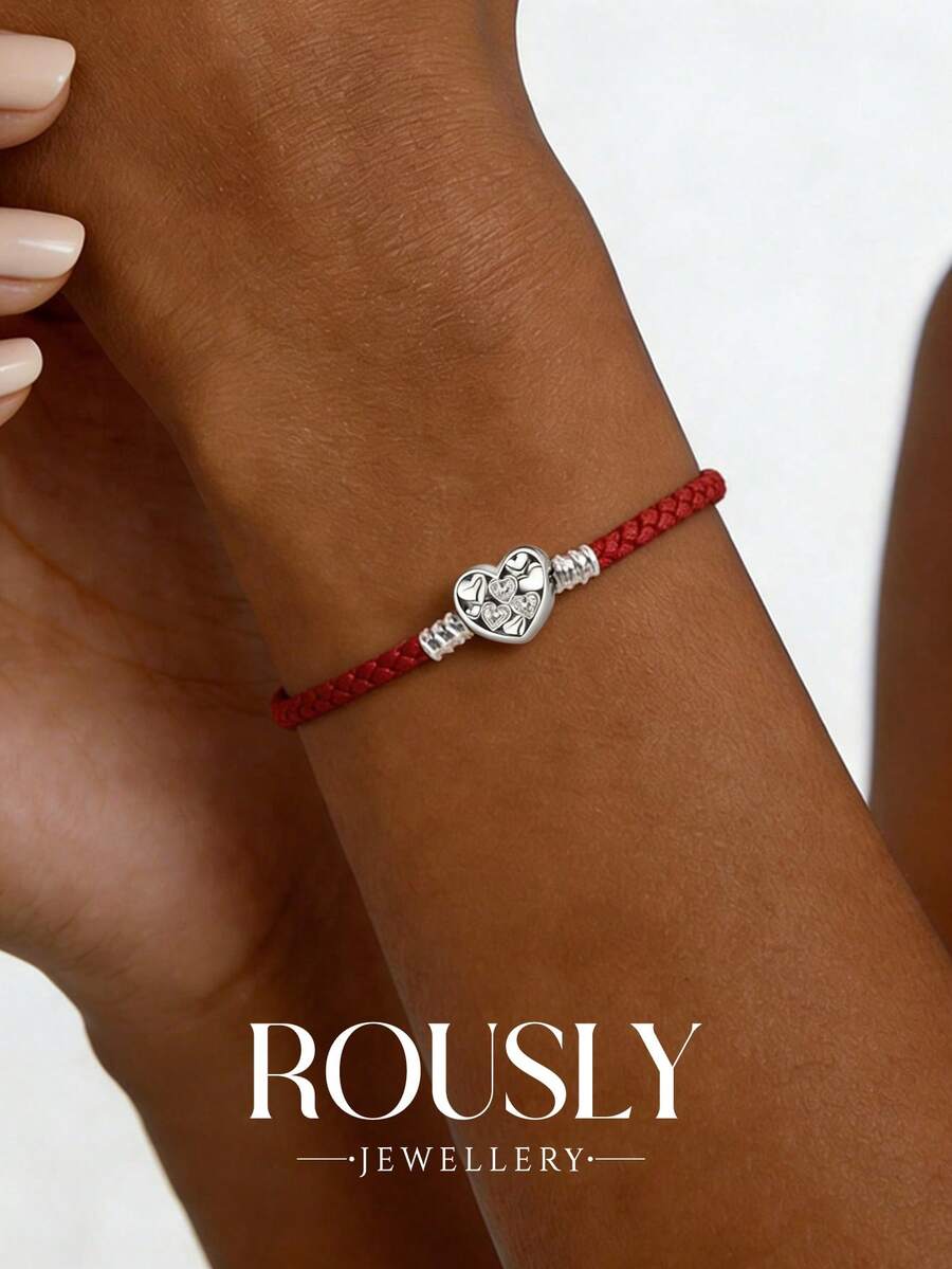 1pc Heart-Shaped Red Leather Cord Bracelet, Women's Daily Wear & Vintage Party Accessory, High-Quality Jewelry Gift - Red Leather Heart to Heart Basic Chain - View 1